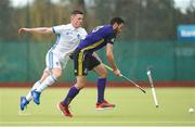 8 April 2018; Cedric Mushiete of Pembroke Wanderers in action against John Mullins of Three Rock Rovers during the Men's Irish Senior Cup Final match between Three Rock Rovers and Pembroke Wanderers at the National Hockey Stadium in UCD, Dublin.  Photo by David Fitzgerald/Sportsfile