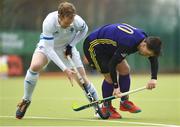8 April 2018; Alan Southern of Pembroke Wanderers in action against Luke Madeley of Three Rock Rovers during the Men's Irish Senior Cup Final match between Three Rock Rovers and Pembroke Wanderers at the National Hockey Stadium in UCD, Dublin. Photo by David Fitzgerald/Sportsfile