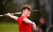 8 April 2018; Tadhg O'Muircheartaigh of Dunboyne A.C. Co Meath, competing in the U16 Men's Javelin Event during the Irish Life Health National Spring Throws at Templemore in Co. Tipperary. Photo by Sam Barnes/Sportsfile