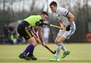 8 April 2018; Ross Canning of Three Rock Rovers in action against Keith O'Hare of Pembroke Wanderers during the Men's Irish Senior Cup Final match between Three Rock Rovers and Pembroke Wanderers at the National Hockey Stadium in UCD, Dublin.  Photo by David Fitzgerald/Sportsfile