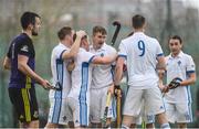 8 April 2018; Three Rock Rovers players congratulate John Mullins after he scored their side's fourth goal during the Men's Irish Senior Cup Final match between Three Rock Rovers and Pembroke Wanderers at the National Hockey Stadium in UCD, Dublin. Photo by David Fitzgerald/Sportsfile