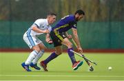 8 April 2018; Cedric Mushiete of Pembroke Wanderers in action against John Mullins of Three Rock Rovers during the Men's Irish Senior Cup Final match between Three Rock Rovers and Pembroke Wanderers at the National Hockey Stadium in UCD, Dublin.  Photo by David Fitzgerald/Sportsfile