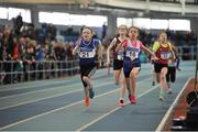 7 April 2018; Riona Doherty, left, Finn Valley AC, Co. Donegal, passes Amelia Holland, right, Ratoath AC, Co. Meath, on her way to winning the Under 12 Girls 4x100m relay team event, during the Irish Life Health National Juvenile Indoor Championships day 1 at Athlone IT in Athlone, Co. Westmeath. Photo by Tomás Greally/Sportsfile