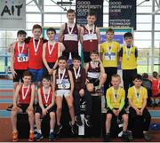 7 April 2018; Under 14 Boys 4x200m relay team medallists, from left, Tír Chonaill AC, Co. Donegal, bronze, Mullingar Harriers AC, Co. Westmeath, gold, and Loughrea AC, Co. Galway, silver, during the Irish Life Health National Juvenile Indoor Championships Day 1 at Athlone IT in Athlone, Westmeath. Photo by Tomás Greally/Sportsfile