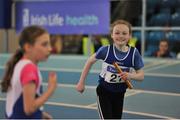 18 March 2018; Riona Doherty, Finn Valley AC, Co. Donegal, reacts after winning the Under 12 Girls 4x100m relay team event, during the Irish Life Health National Juvenile Indoor Championships day 2 at Athlone IT in Athlone, Co Westmeath. Photo by Tomás Greally/Sportsfile