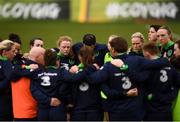 9 April 2018; Players and staff, including Amber Barrett, Diane Caldwell, Marie Hourihan and Louise Quinn, huddle together following Republic of Ireland training at Tallaght Stadium in Tallaght, Dublin. Photo by Stephen McCarthy/Sportsfile