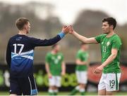 9 April 2018; Tristan Noack-Hofmann of Ireland and Max Verkaik of Scotland shake hands following the Colleges & Universities Football League International Friendly match between Ireland and Scotland at Oriel Park, in Dundalk, Co. Louth. Photo by Seb Daly/Sportsfile