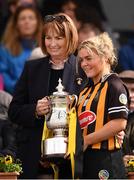 8 April 2018; Kilkenny captain Shelly Farrell is presented with the cup by Camogie Association President Kathleen Woods following the Littlewoods Ireland Camogie League Division 1 Final match between Kilkenny and Cork at Nowlan Park in Kilkenny. Photo by Stephen McCarthy/Sportsfile