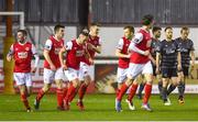 9 April 2018; Graham Kelly of St Patrick's Athletic, third from left, celebrates after scoring his side's second goal during the EA SPORTS Cup Second Round match between St Patrick's Athletic and Dundalk at Richmond Park in Inchicore, Dublin. Photo by Piaras Ó Mídheach/Sportsfile