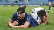 7 April 2018; Max Deegan of Leinster after scoring a try during the Guinness PRO14 Round 19 match between Leinster and Zebre at the RDS Arena in Dublin. Photo by Ramsey Cardy/Sportsfile