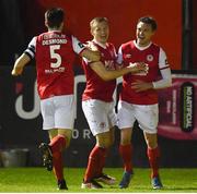 9 April 2018; Michael Leahy of St Patrick's Athletic, right, celebrates scoring his side's fourth goal, in extra-time, with team-mates Lee Desmond, left, and Jamie Lennon during the EA SPORTS Cup Second Round match between St Patrick's Athletic and Dundalk at Richmond Park in Inchicore, Dublin.   Photo by Piaras Ó Mídheach/Sportsfile