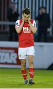 9 April 2018; Darragh Markey of St. Patrick's Athletic reacts after a missed opportunity on goal during the EA SPORTS Cup Second Round match between St Patrick's Athletic and Dundalk at Richmond Park in Inchicore, Dublin. Photo by Ben McShane/Sportsfile