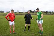 31 March 2018; Referee Noel Mooney speaks to team captains Andy McDonnell of Louth and Bryan Menton of Meath ahead of the Allianz Football League Roinn 2 Round 6 match between Louth and Meath at the Gaelic Grounds in Drogheda, Co Louth. Photo by Ramsey Cardy/Sportsfile