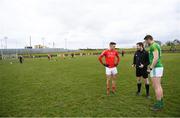 31 March 2018; Referee Noel Mooney speaks to team captains Andy McDonnell of Louth and Bryan Menton of Meath ahead of the Allianz Football League Roinn 2 Round 6 match between Louth and Meath at the Gaelic Grounds in Drogheda, Co Louth. Photo by Ramsey Cardy/Sportsfile