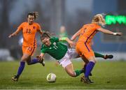 10 April 2018; Katie McCabe of Republic of Ireland in action against Stephanie van der Gragt, 3, and Renate Jansen of Netherlands during the 2019 FIFA Women's World Cup Qualifier match between Republic of Ireland and Netherlands at Tallaght Stadium in Tallaght, Dublin. Photo by Stephen McCarthy/Sportsfile