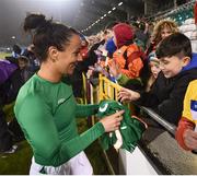 10 April 2018; Sophie Perry-Campbell of Republic of Ireland gives her jersey to a supporter following the 2019 FIFA Women's World Cup Qualifier match between Republic of Ireland and Netherlands at Tallaght Stadium in Tallaght, Dublin. Photo by Stephen McCarthy/Sportsfile