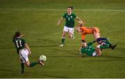10 April 2018; Ruesha Littlejohn of Republic of Ireland puts in a tackle on Jackie Groenen of Netherlands during the 2019 FIFA Women's World Cup Qualifier match between Republic of Ireland and Netherlands at Tallaght Stadium in Tallaght, Dublin. Photo by Stephen McCarthy/Sportsfile