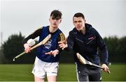 11 April 2018; GAA star TJ Reid was at Castlecomer Community School in Kilkenny today to launch the GAA Super Games Centre in partnership with Sky Sports at the school. The Super Games Centres which are based all over the country, were set up to reduce youth drop out and encourage “play to stay” amongst youth, specifically between the ages of 12 and 17 where youth drop out is most prevalent. Sky Sports is supporting the GAA Super Games Centres by arranging visits with Sky Sports mentors and providing kits and equipment to the estimated 9000 members countrywide. Pictured is TJ Reid with Castlecomer Community School pupil Tommy Coogan, aged 14, during the launch. Photo by Sam Barnes/Sportsfile