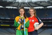 11 April 2018; The Lidl All Ireland Post Primary Schools Finals were launched today at Croke Park. The finals will be contested at Senior and Junior levels, with three finals in each grade. It’s an all-Loreto decider in the Senior A final, with Loreto (Clonmel, Tipperary) meeting Loreto (Cavan). Meanwhile, Glenamaddy (Galway) will play Presentation, Thurles (Tipperary) in the senior B final and in the senior C decider, Coláiste Bhaile Chláir, Claregalway (Galway) will take on Scoil Mhuire, Trim (Meath). Loreto (Cavan) are also in the junior A decider, where their opponents are ISK, Killorglin (Kerry). In the junior B final, Coláiste Bhaile Chláir, Claregalway (Galway) are also involved, and their opponents are St Brigid’s S.S., Killarney, Kerry. Finally, the junior C final is the meeting of St Marys H.S., Midleton (Cork) and St Clare's Comprehensive, Manorhamilton (Leitrim). Full fixture details available at www.ladiesgaelic.ie. Pictured are Junior C Finalists Laura Fowley, St Clare's, Leitrim, left, and Aine O'Driscoll, St Mary's, Cork. Croke Park, Dublin. Photo by Piaras Ó Mídheach/Sportsfile