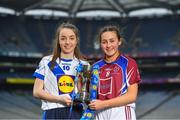 11 April 2018; The Lidl All Ireland Post Primary Schools Finals were launched today at Croke Park. The finals will be contested at Senior and Junior levels, with three finals in each grade. It’s an all-Loreto decider in the Senior A final, with Loreto (Clonmel, Tipperary) meeting Loreto (Cavan). Meanwhile, Glenamaddy (Galway) will play Presentation, Thurles (Tipperary) in the senior B final and in the senior C decider, Coláiste Bhaile Chláir, Claregalway (Galway) will take on Scoil Mhuire, Trim (Meath). Loreto (Cavan) are also in the junior A decider, where their opponents are ISK, Killorglin (Kerry). In the junior B final, Coláiste Bhaile Chláir, Claregalway (Galway) are also involved, and their opponents are St Brigid’s S.S., Killarney, Kerry. Finally, the junior C final is the meeting of St Marys H.S., Midleton (Cork) and St Clare's Comprehensive, Manorhamilton (Leitrim). Full fixture details available at www.ladiesgaelic.ie. Pictured are Junior B Finalists Anna Clifford, St Brigid's, Killarney, Kerry, left, and Chellene Trill, Coláiste Bháile Chláir, Claregalway, Galway. Croke Park, Dublin. Photo by Piaras Ó Mídheach/Sportsfile