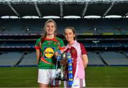 11 April 2018; The Lidl All Ireland Post Primary Schools Finals were launched today at Croke Park. The finals will be contested at Senior and Junior levels, with three finals in each grade. It’s an all-Loreto decider in the Senior A final, with Loreto (Clonmel, Tipperary) meeting Loreto (Cavan). Meanwhile, Glenamaddy (Galway) will play Presentation, Thurles (Tipperary) in the senior B final and in the senior C decider, Coláiste Bhaile Chláir, Claregalway (Galway) will take on Scoil Mhuire, Trim (Meath). Loreto (Cavan) are also in the junior A decider, where their opponents are ISK, Killorglin (Kerry). In the junior B final, Coláiste Bhaile Chláir, Claregalway (Galway) are also involved, and their opponents are St Brigid’s S.S., Killarney, Kerry. Finally, the junior C final is the meeting of St Marys H.S., Midleton (Cork) and St Clare's Comprehensive, Manorhamilton (Leitrim). Full fixture details available at www.ladiesgaelic.ie. Pictured are Senior A Finalists Cora Maher, Loreto, Clonmel, Tipperary, left, and Muireann Cusack, Loreto, Cavan. Croke Park, Dublin. Photo by Piaras Ó Mídheach/Sportsfile