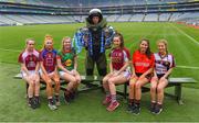 11 April 2018; The Lidl All Ireland Post Primary Schools Finals were launched today at Croke Park. The finals will be contested at Senior and Junior levels, with three finals in each grade. It’s an all-Loreto decider in the Senior A final, with Loreto (Clonmel, Tipperary) meeting Loreto (Cavan). Meanwhile, Glenamaddy (Galway) will play Presentation, Thurles (Tipperary) in the senior B final and in the senior C decider, Coláiste Bhaile Chláir, Claregalway (Galway) will take on Scoil Mhuire, Trim (Meath). Loreto (Cavan) are also in the junior A decider, where their opponents are ISK, Killorglin (Kerry). In the junior B final, Coláiste Bhaile Chláir, Claregalway (Galway) are also involved, and their opponents are St Brigid’s S.S., Killarney, Kerry. Finally, the junior C final is the meeting of St Marys H.S., Midleton (Cork) and St Clare's Comprehensive, Manorhamilton (Leitrim). Full fixture details available at www.ladiesgaelic.ie. Pictured is Captain Donal McCann of the Engineer Specialist Search and Clearance Team, Corps of Engineers, Irish Defence Forces, with the senior captains, from left, Muireann Cusack, Loreto, Cavan, Gemma Coll, Coláiste Bhaile Chláir, Claregalway, Galway, Cora Maher, Loreto, Clonmel, Tipperary, Maeve Flanagan, Glenamaddy, Galway, Rachel Troy, Scoil Mhuire, Trim, Meath, and Aoife Maher, Presentation, Thurles, Tipperary. Croke Park, Dublin. Photo by Piaras Ó Mídheach/Sportsfile