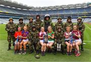 11 April 2018; The Lidl All Ireland Post Primary Schools Finals were launched today at Croke Park. The finals will be contested at Senior and Junior levels, with three finals in each grade. It’s an all-Loreto decider in the Senior A final, with Loreto (Clonmel, Tipperary) meeting Loreto (Cavan). Meanwhile, Glenamaddy (Galway) will play Presentation, Thurles (Tipperary) in the senior B final and in the senior C decider, Coláiste Bhaile Chláir, Claregalway (Galway) will take on Scoil Mhuire, Trim (Meath). Loreto (Cavan) are also in the junior A decider, where their opponents are ISK, Killorglin (Kerry). In the junior B final, Coláiste Bhaile Chláir, Claregalway (Galway) are also involved, and their opponents are St Brigid’s S.S., Killarney, Kerry. Finally, the junior C final is the meeting of St Marys H.S., Midleton (Cork) and St Clare's Comprehensive, Manorhamilton (Leitrim). Full fixture details available at www.ladiesgaelic.ie. Pictured are members of the Engineer Specialist Search and Clearance Team, Corps of Engineers, Irish Defence Forces, with team captains, from left, Senior B Finalists, Rachel Troy, Scoil Mhuire, Trim, Co Meath, and Gemma Coll, Coláiste Bhaile Chláir, Claregalway, Galway, Senior A Finalists Muireann Cusack, Loreto, Cavan, left, and Cora Maher, Loreto, Clonmel, Tipperary,  and Senior C Finalists Aoife Maher, Presentation, Thurles, Tipperary, left, and Maeve Flanagan, Glenamaddy, Galway. Croke Park, Dublin. Photo by Piaras Ó Mídheach/Sportsfile