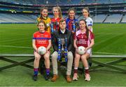 11 April 2018; The Lidl All Ireland Post Primary Schools Finals were launched today at Croke Park. The finals will be contested at Senior and Junior levels, with three finals in each grade. It’s an all-Loreto decider in the Senior A final, with Loreto (Clonmel, Tipperary) meeting Loreto (Cavan). Meanwhile, Glenamaddy (Galway) will play Presentation, Thurles (Tipperary) in the senior B final and in the senior C decider, Coláiste Bhaile Chláir, Claregalway (Galway) will take on Scoil Mhuire, Trim (Meath). Loreto (Cavan) are also in the junior A decider, where their opponents are ISK, Killorglin (Kerry). In the junior B final, Coláiste Bhaile Chláir, Claregalway (Galway) are also involved, and their opponents are St Brigid’s S.S., Killarney, Kerry. Finally, the junior C final is the meeting of St Marys H.S., Midleton (Cork) and St Clare's Comprehensive, Manorhamilton (Leitrim). Full fixture details available at www.ladiesgaelic.ie. Pictured is Lidl representative, Jay Wilson, with junior captains, back row, from left, Junior C Finalists Laura Fowley, St Clare's, Leitrim, left, and Aine O'Driscoll, St Mary's, Cork, Junior B Finalists Chellene Trill, Coláiste Bháile Chláir, Claregalway, Galway, and Anna Clifford, St Brigid's, Killarney, Kerry. Front row, Junior A Finalists Cora Joy, ISK, Killorgin, Kerry, left, and Elaine Brady, Loreto, Cavan. Croke Park, Dublin. Photo by Piaras Ó Mídheach/Sportsfile