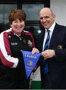 8 April 2018; Cora Browne of Tullow RFC and Leinster Rugby president Niall Rynne following the Womens Division 1 League Final match between St Marys RFC and Railyway Union at Naas RFC in Naas, Co. Kildare. Photo by Ramsey Cardy/Sportsfile