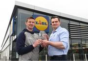 11 April 2018; The Lidl/Irish Daily Star Manager of the Month for March was announced today as Anthony Masterson from Wexford. Under Anthony’s stewardship, Wexford have qualified for the Lidl National League Division 3 semi-finals, finishing on top of the table with 18 points from a possible 21. Pictured is Anthony Masterson who was presented with his award by Lidl Gorey store manager Darius Kacinskas at Lidl in Gorey. Photo by Matt Browne/Sportsfile