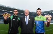 12 April 2018; Cúl Heroes, the official trading cards of the GAA/GPA, launched their 2018 collection at Croke Park with brand ambassadors James McCarthy and Padraic Mannion as well as Noelle Healy and Gemma O’Connor. Cúl Heroes is entering its fourth year on the market and aims to continue its promotion of Gaelic Games, the players and the unique skills of our national sport. In attendance at the launch are Uachtarán Chumann Lúthchleas Gael John Horan alongside Dublin Footballer James McCarthy, left, and Galway hurler Padraic Mannion, right, at Croke Park in Dublin. Photo by David Fitzgerald/Sportsfile