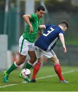 12 April 2018; Ali Regbha of Republic of Ireland in action against Cameron Clark of Scotland during the U18s Schools match between Republic of Ireland and Scotland at Home Farm FC in Whitehall, Dublin. Photo by David Fitzgerald/Sportsfile