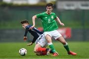 12 April 2018; Kieran Farren of Republic of Ireland in action against Daniel MacKay of Scotland during the U18s Schools match between Republic of Ireland and Scotland at Home Farm FC in Whitehall, Dublin. Photo by David Fitzgerald/Sportsfile