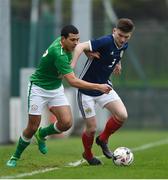 12 April 2018; Cameron Clark of Scotland in action against Ali Regbha of Republic of Ireland during the U18s Schools match between Republic of Ireland and Scotland at Home Farm FC in Whitehall, Dublin. Photo by David Fitzgerald/Sportsfile