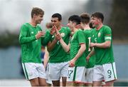 12 April 2018; Liam Kerrigan of Republic of Ireland is congratulated by team-mates after scoring his side's second goal during the U18s Schools match between Republic of Ireland and Scotland at Home Farm FC in Whitehall, Dublin. Photo by David Fitzgerald/Sportsfile