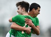 12 April 2018; Ali Regbha of Republic of Ireland is congratulated by team-mate Ronan Manning after scoring his side's third goal during the U18s Schools match between Republic of Ireland and Scotland at Home Farm FC in Whitehall, Dublin. Photo by David Fitzgerald/Sportsfile