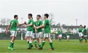 12 April 2018; Ali Regbha of Republic of Ireland is congratulated by team-mate Cian Murphy after scoring his side's third goal during the U18s Schools match between Republic of Ireland and Scotland at Home Farm FC in Whitehall, Dublin. Photo by David Fitzgerald/Sportsfile