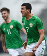 12 April 2018; Ali Regbha of Republic of Ireland celebrates after scoring his side's third goal during the U18s Schools match between Republic of Ireland and Scotland at Home Farm FC in Whitehall, Dublin. Photo by David Fitzgerald/Sportsfile