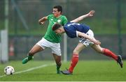 12 April 2018; Ali Regbha of Republic of Ireland in action against Cameron Clark of Scotland during the U18s Schools match between Republic of Ireland and Scotland at Home Farm FC in Whitehall, Dublin. Photo by David Fitzgerald/Sportsfile