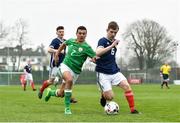 12 April 2018; Declan Walsh of Scotland in action against Ali Regbha of Republic of Ireland during the U18s Schools match between Republic of Ireland and Scotland at Home Farm FC in Whitehall, Dublin. Photo by David Fitzgerald/Sportsfile