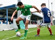 12 April 2018; Ali Regbha of Republic of Ireland in action against Declan Walsh of Scotland during the U18s Schools match between Republic of Ireland and Scotland at Home Farm FC in Whitehall, Dublin. Photo by David Fitzgerald/Sportsfile