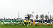 12 April 2018; The teams stand for the national anthems prior to the U18s Schools match between Republic of Ireland and Scotland at Home Farm FC in Whitehall, Dublin. Photo by David Fitzgerald/Sportsfile
