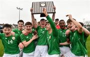 12 April 2018; Republic of Ireland captain Cian Murphy lifts the shield following his side's victory in the U18s Schools match between Republic of Ireland and Scotland at Home Farm FC in Whitehall, Dublin. Photo by David Fitzgerald/Sportsfile