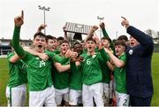 12 April 2018; Republic of Ireland players celebrate with the shield following their side's victory in the U18s Schools match between Republic of Ireland and Scotland at Home Farm FC in Whitehall, Dublin. Photo by David Fitzgerald/Sportsfile