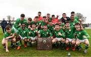 12 April 2018; Republic of Ireland players celebrate with the shield following their side's victory in the U18s Schools match between Republic of Ireland and Scotland at Home Farm FC in Whitehall, Dublin. Photo by David Fitzgerald/Sportsfile