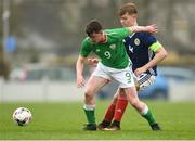 12 April 2018; Cian Murphy of Republic of Ireland in action against Nathan Browne of Scotland during the U18s Schools match between Republic of Ireland and Scotland at Home Farm FC in Whitehall, Dublin. Photo by David Fitzgerald/Sportsfile