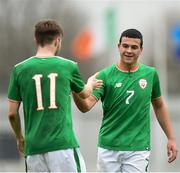 12 April 2018; Ali Regbha of Republic of Ireland, right, celebrates with team mate Jack Ryan following the U18s Schools match between Republic of Ireland and Scotland at Home Farm FC in Whitehall, Dublin. Photo by David Fitzgerald/Sportsfile