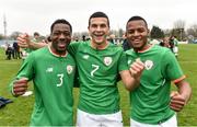 12 April 2018; Republic of Ireland players, from left, Peter Adigun, Ali Regbha and Lido Lotefa following the U18s Schools match between Republic of Ireland and Scotland at Home Farm FC in Whitehall, Dublin. Photo by David Fitzgerald/Sportsfile