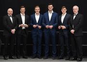 13 April 2018; UCD President Professor Andrew Deeks with, from left Josh van der Flier, Dan Leavy, James Ryan, Garry Ringrose and Terry Buckley, President of UCD RFU, during the UCD RFC Annual Dinner 2018 at UCD O’Reilly Hall in Belfield. Photo by Matt Browne/Sportsfile