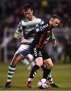 13 April 2018; Keith Ward of Bohemians in action against Ally Gilchrist of Shamrock Rovers during the SSE Aitricity League Premier Division match between Shamrock Rovers and Bohemians at Tallaght Stadium in Tallaght, Dublin. Photo by Seb Daly/Sportsfile